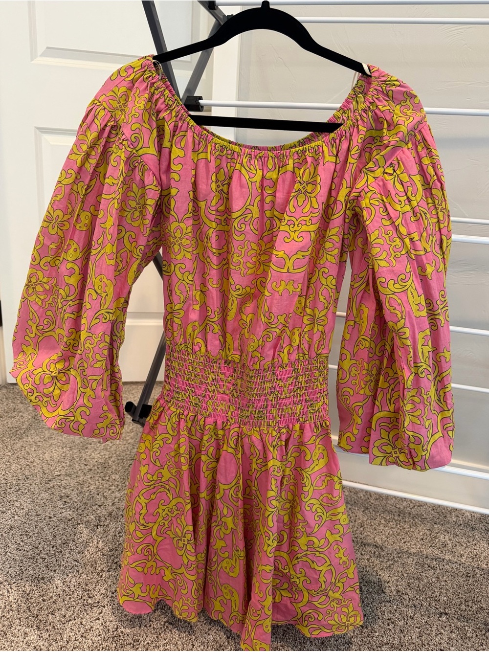 Misa Los Angeles Pink and Yellow Long Sleeve Off-Shoulder Mini Dress